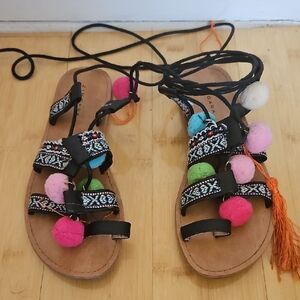 Colorful Pom Pom Sandals with Black Straps